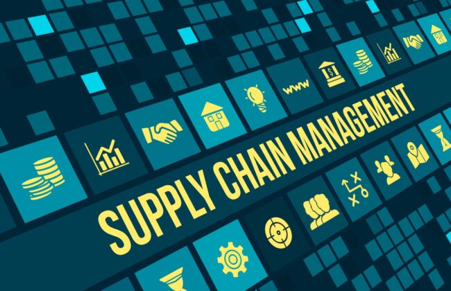 Supply chain management concept image with business icons and copyspace. Digital SCM