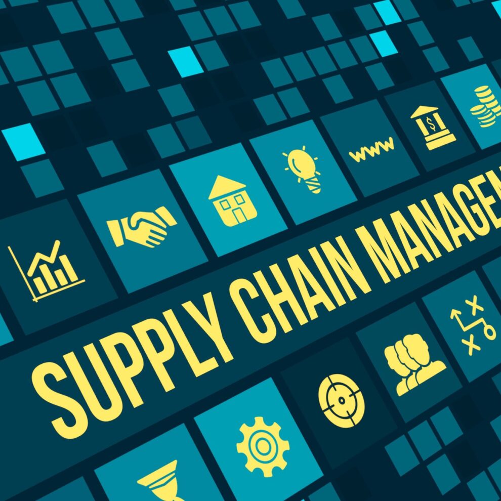 Supply chain management concept image with business icons and copyspace. Digital SCM
