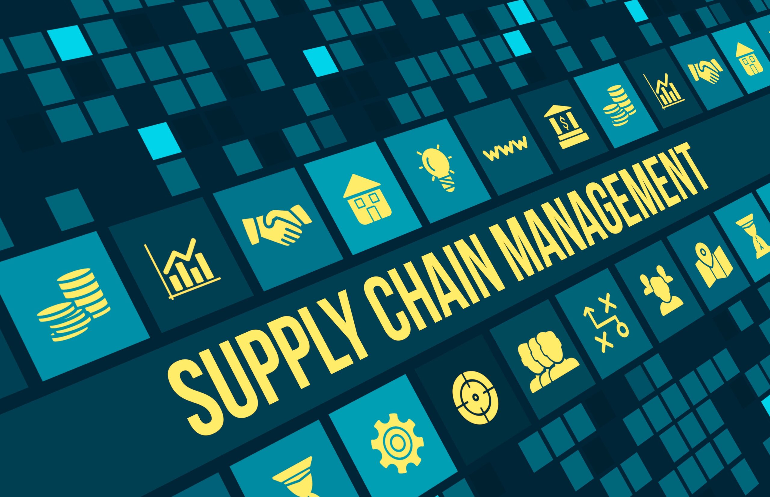 Supply chain management concept image with business icons and copyspace. Digital SCM